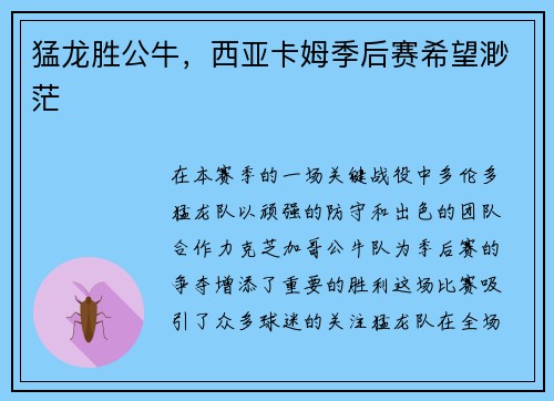 猛龙胜公牛，西亚卡姆季后赛希望渺茫