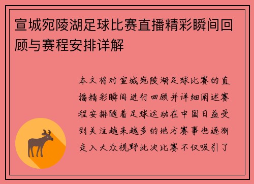 宣城宛陵湖足球比赛直播精彩瞬间回顾与赛程安排详解